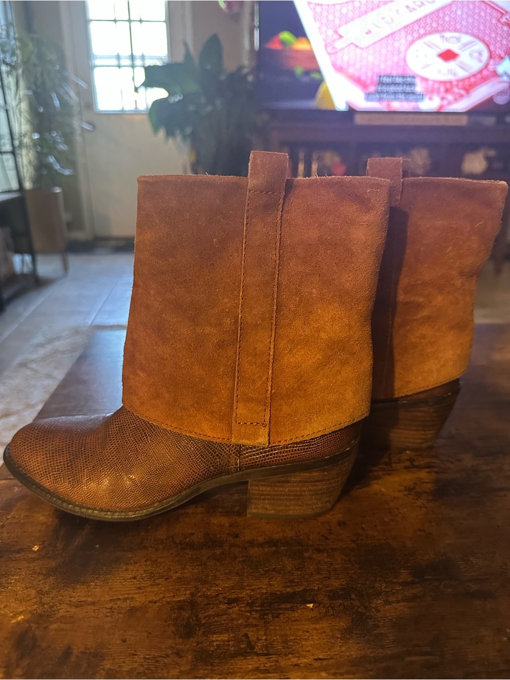 Franco Sarto Tan Suede & Brown Textured Ankle Booties